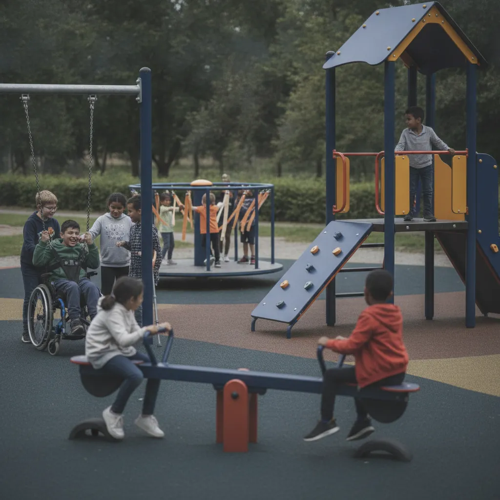Children with and without disabilities playing together on an inclusive playground