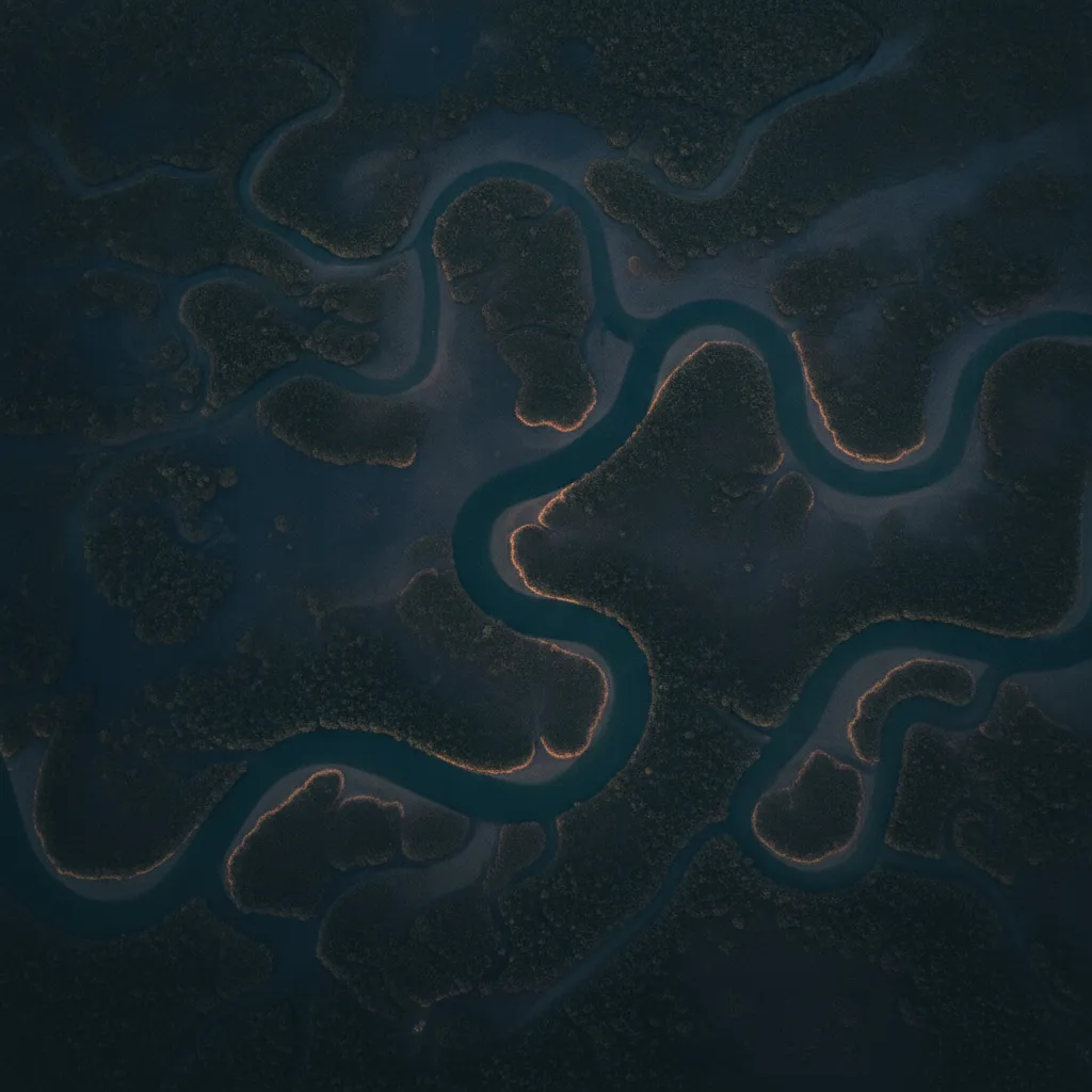 Aerial view of a winding river delta braiding through dark tidal wetlands, water finding its own path.